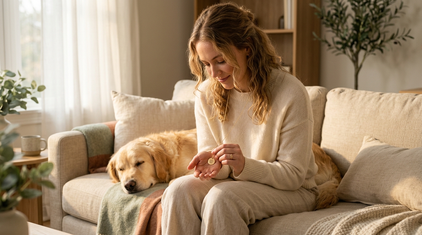 Woman holding an engraved paw print necklace beside her golden retriever