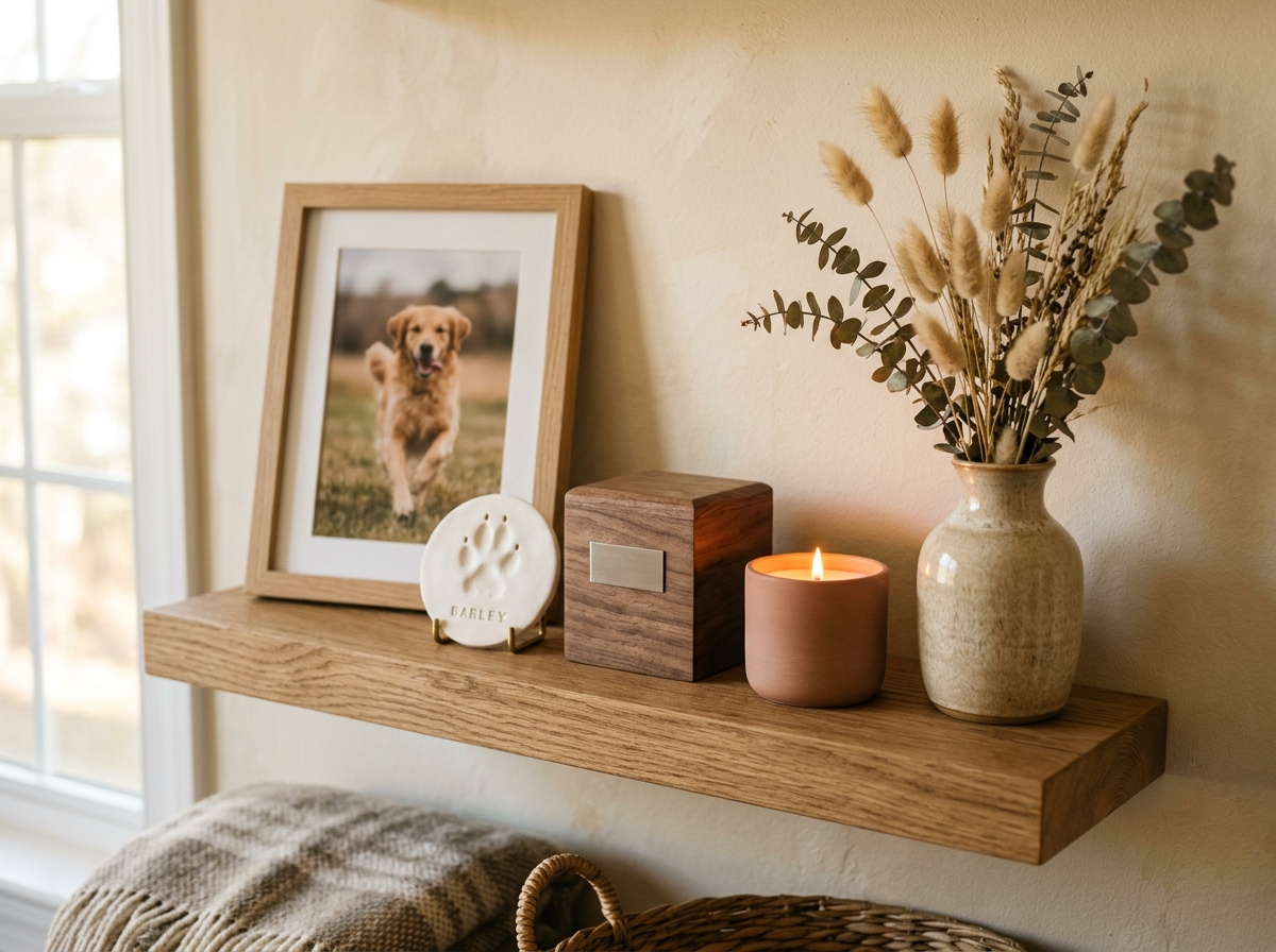 Pet memorial shelf with urn, paw print and candle