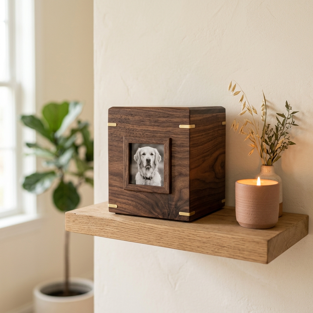 Walnut pet urn with photo frame